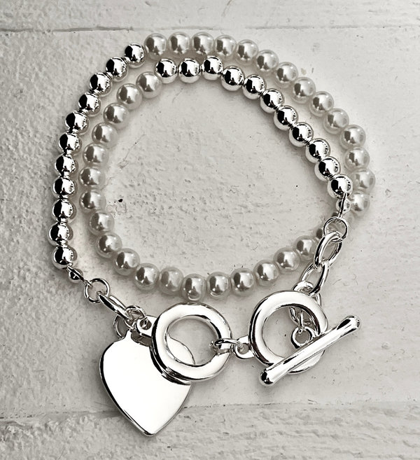 Armband  mit Perlen & Herz-Anhänger - Silber
